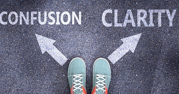 Confusion and clarity as different choices in life - pictured as words Confusion, clarity on a road to symbolize making decision and picking either Confusion or clarity as an option, Medicare enrollment.